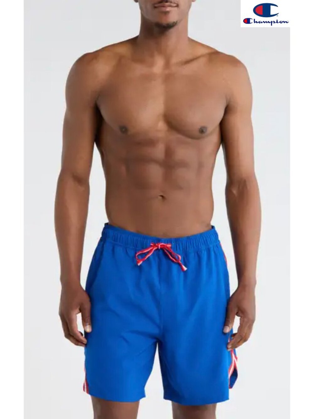 CHAMPION NWT STRIPE TAPETRIM BLUE 7-INCH SWIM TRUNKS. SIZE M